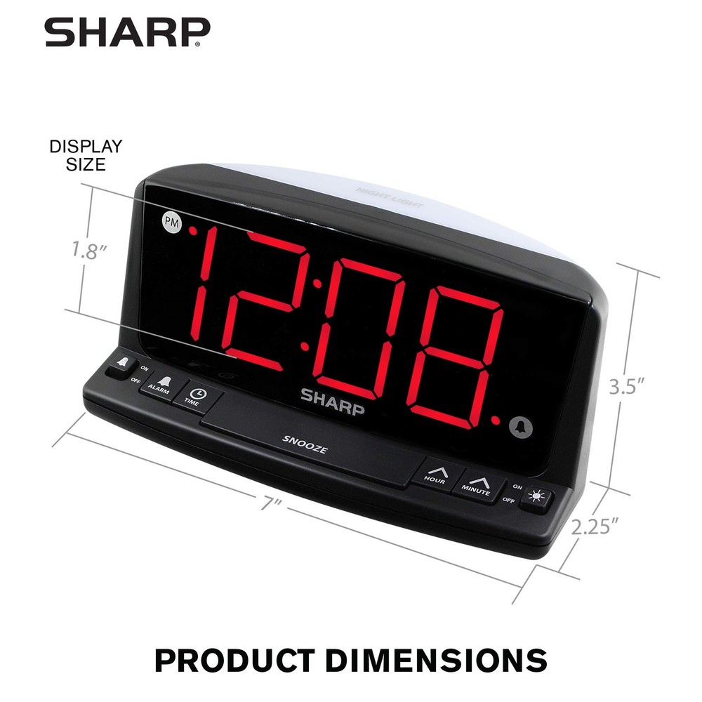 Sharp LED Digital Alarm Clock – Simple Operation - Large, Black - Red Led