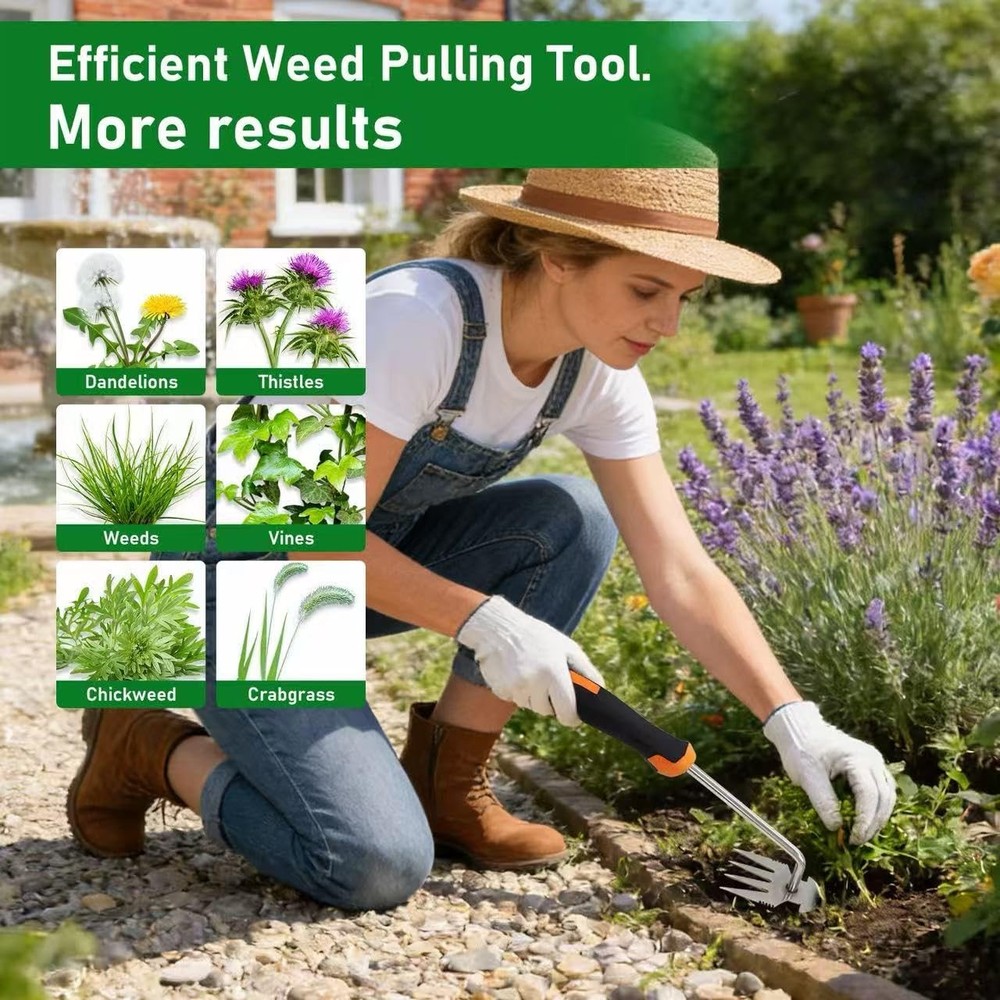 Weed Puller Tool, 2-in-1 Hand Weeder Tool with 4 Sharp Tines & Blade, Mangane...