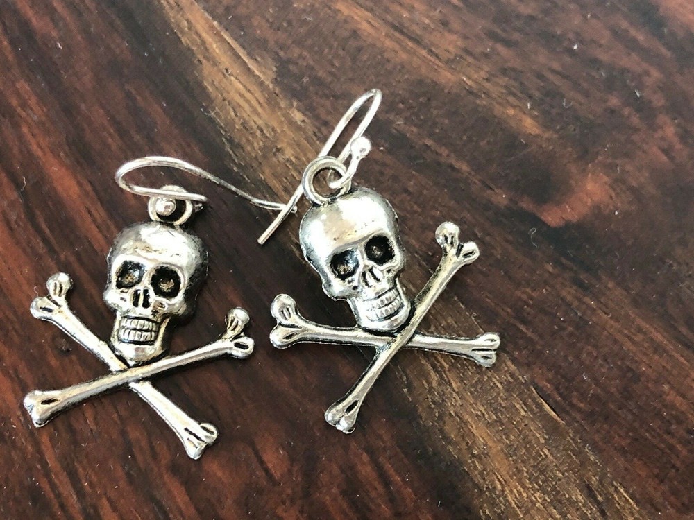 Skeleton skull bone pierced ear drop silver - tone silver plated post earrings