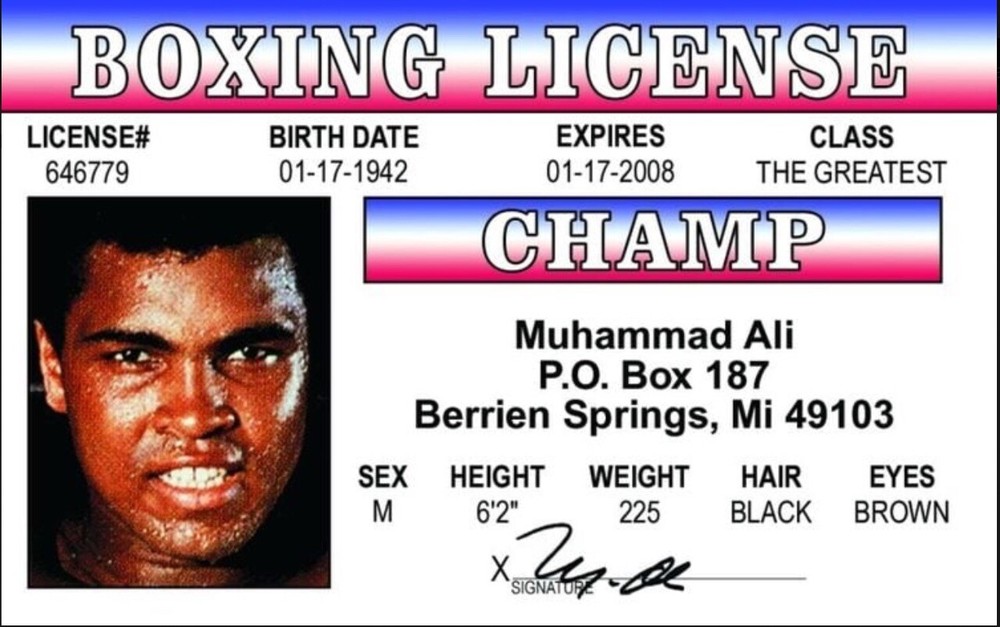 Muhammad Ali Drivers License 3.4” X 2.2” Laminated ID Card.