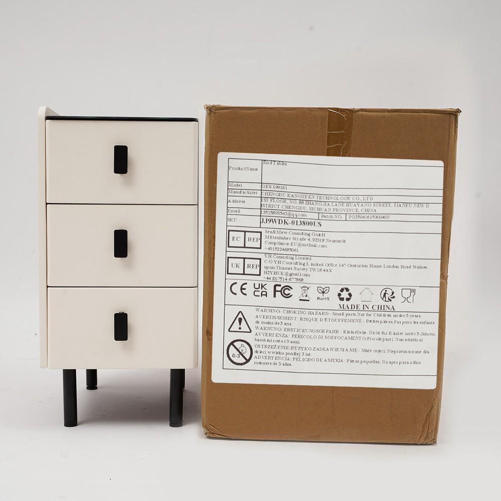 3 Drawers Smart Bedside Table Nightstand With LED Light+Wireless Charging+USB