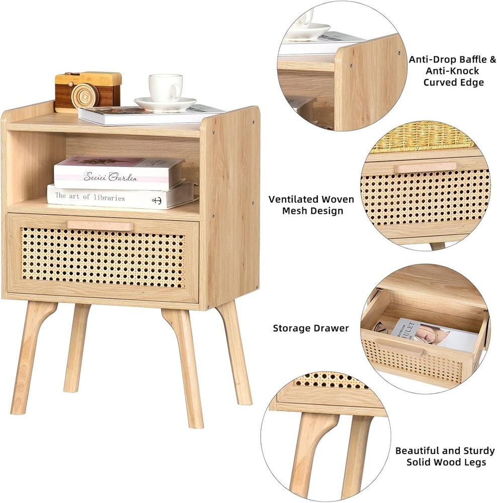 Rattan Nightstand Boho Side Table w/Drawer Open Shelf Accent Bedside End Table