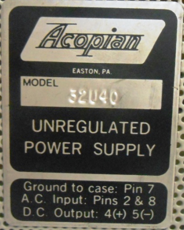 ACOPIAN UNREGULATED POWER SUPPLY, 32U40