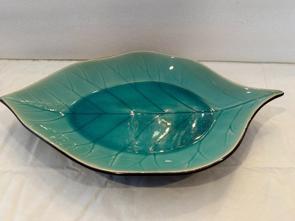Large - Blue/Green Ceramic Leaf Platter - 16.75" x 10"