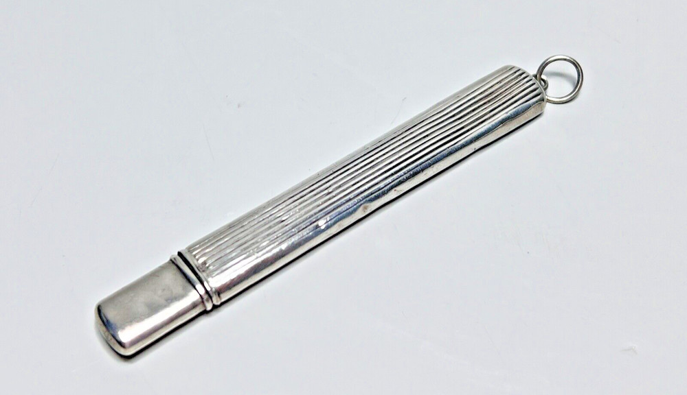 1900s Antique Austria Sterling Silver Chatelaine Sewing Needle Case Striped Box