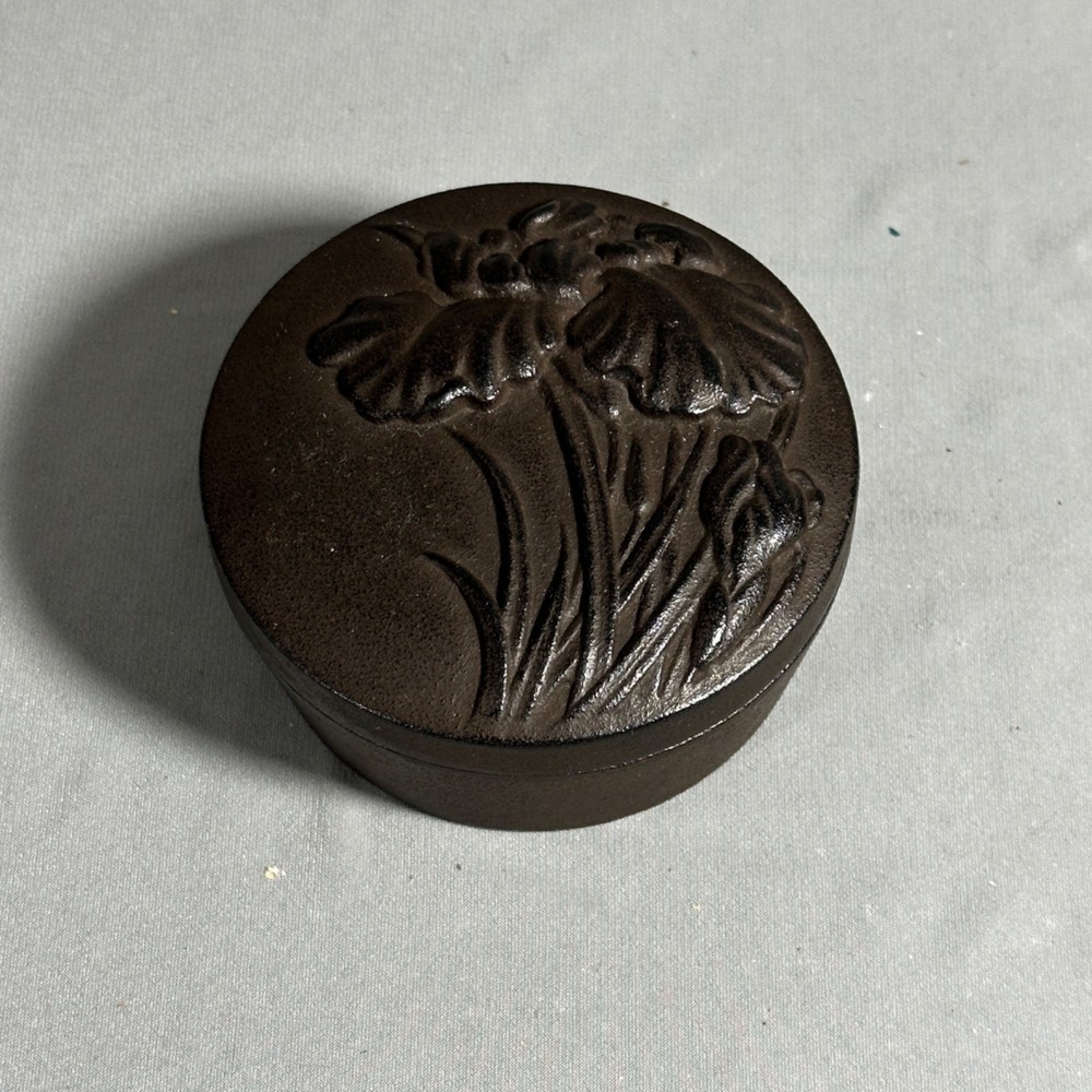 Vintage Round Cast Iron Trinket Box Iris