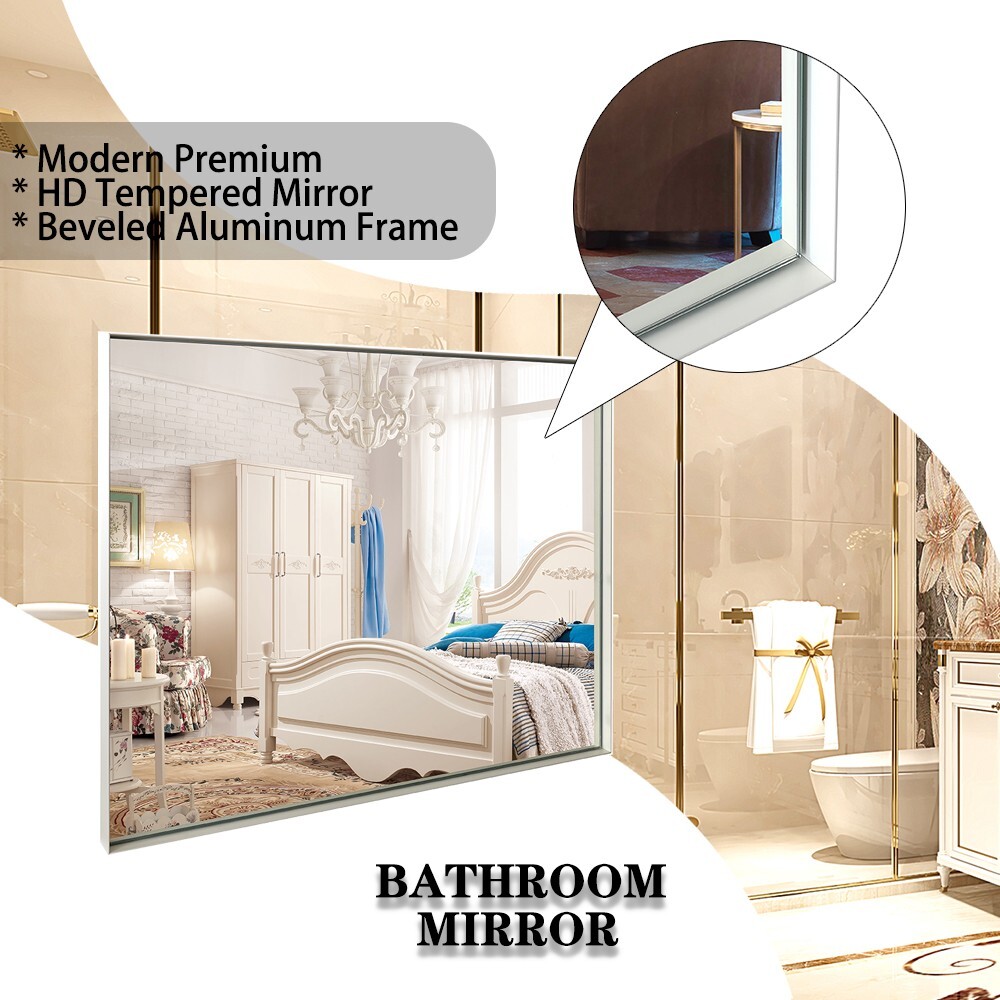40x30 Inch Glossy White Rectangular Wall-Mounted Bathroom Mirror with Beveled