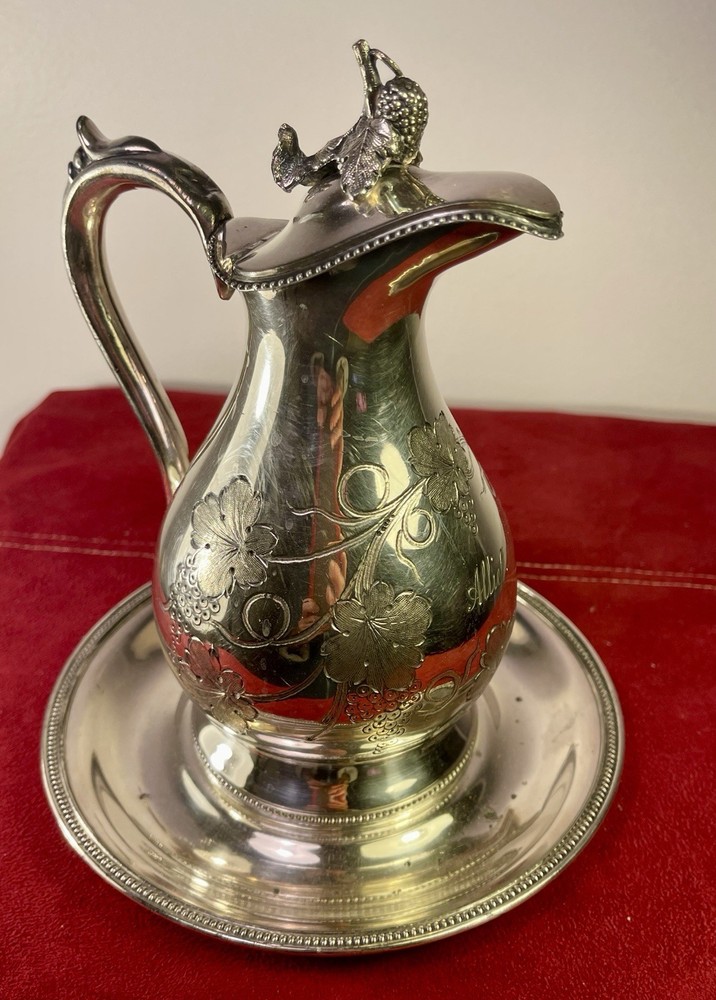 Silver Pitcherr & Saucer Aesthetic Movement - Engraved Grape & Leaf Design