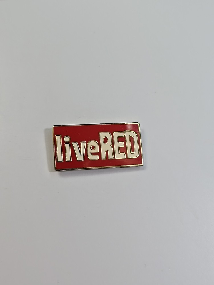 Live Red Lapel Pin White Letters Red Background