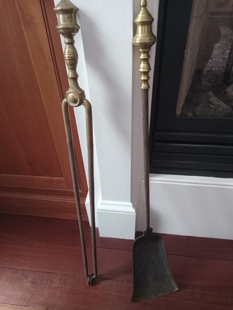 antique fireplace tools brass