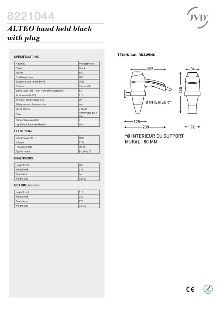 ALTEO hand held black with plug 110v