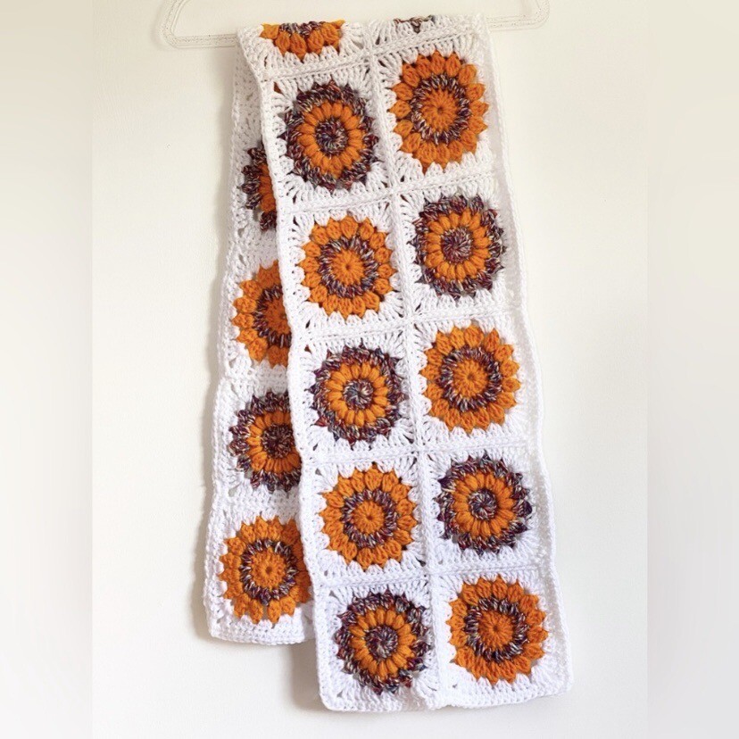 Crochet Table Runner White Orange & Multicolor Sunburst