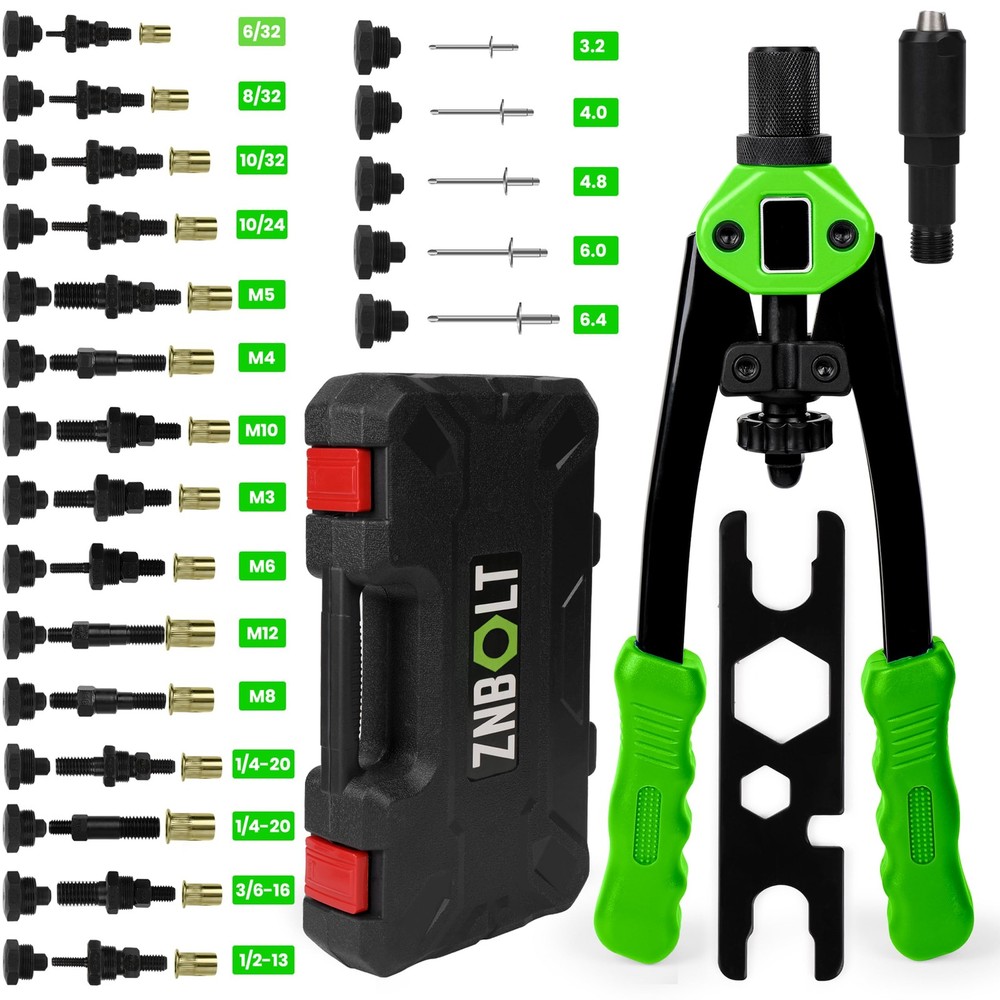 ZNBOLT Dual Function Hand Rivet Gun with Rugged Carrying Case – Heavy Green