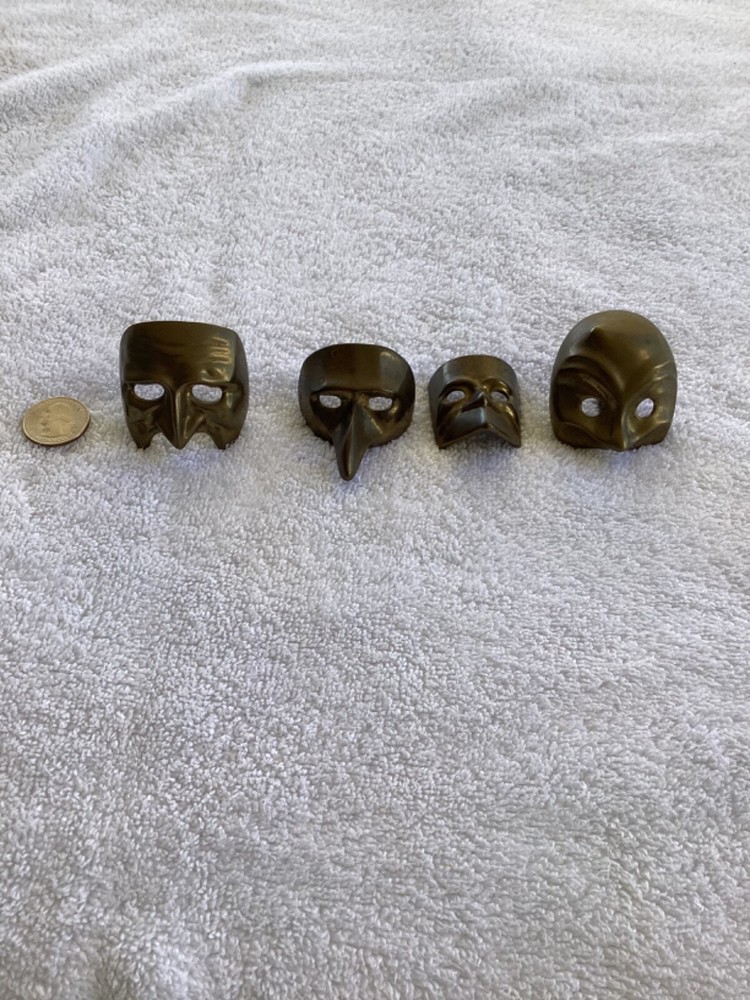 4 VINTAGE SOLID BRASS MINI Medieval MASK 2in TALL.