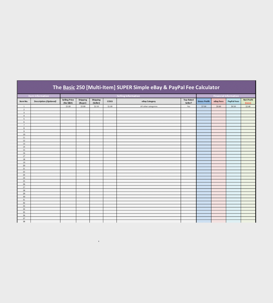 Basic 250X Multiple Item eBay & PayPal Selling Fee Calculator Excel + FREE