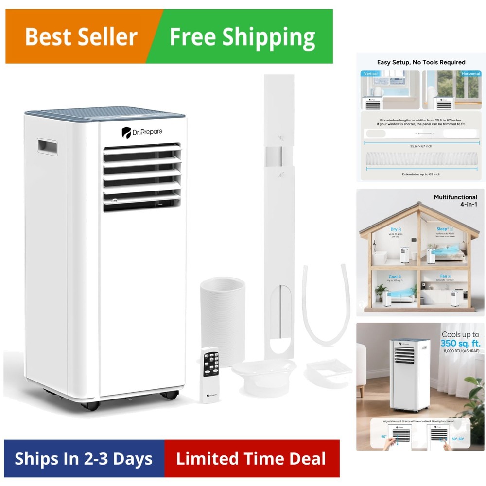8,000 BTU Portable Air Conditioner, 4-in-1 Portable AC with Remote Control, F...