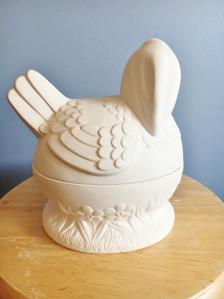 Bonnet Chicken Box-Unpainted Ceramic Molded Bisque-7"x9"