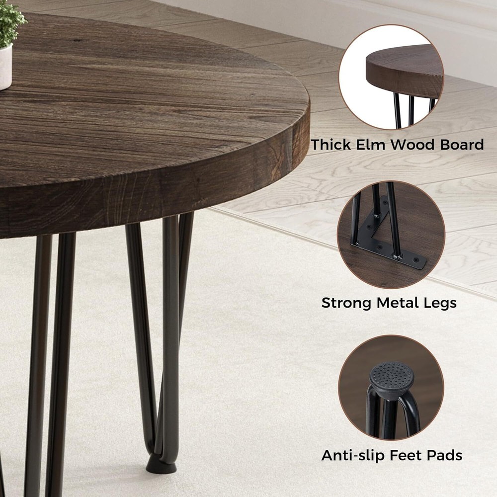 Rustic Wood Round Coffee Table with Metal Legs, Solid Elm Walnut