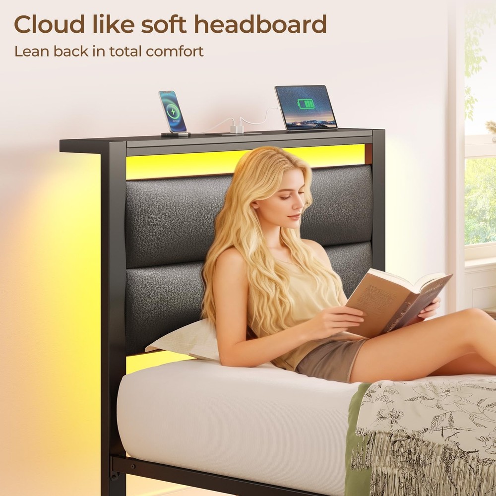 Seventable Twin Bed Frame with Upholstered Storage Headboard, Charging Statio...