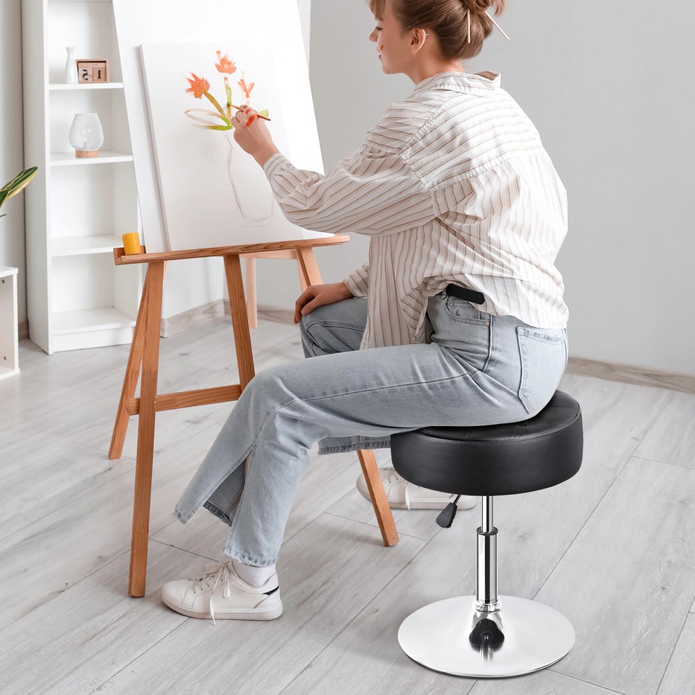 2PCS Adjustable Vanity Stool PU Leather Ottoman Stool for Bedroom w/Base Black
