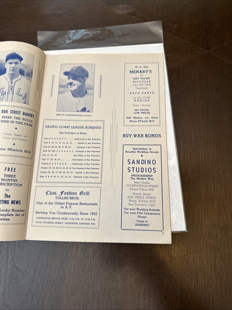 1942 Program Sam Francisco Seals vs Hollywood Stars Scored