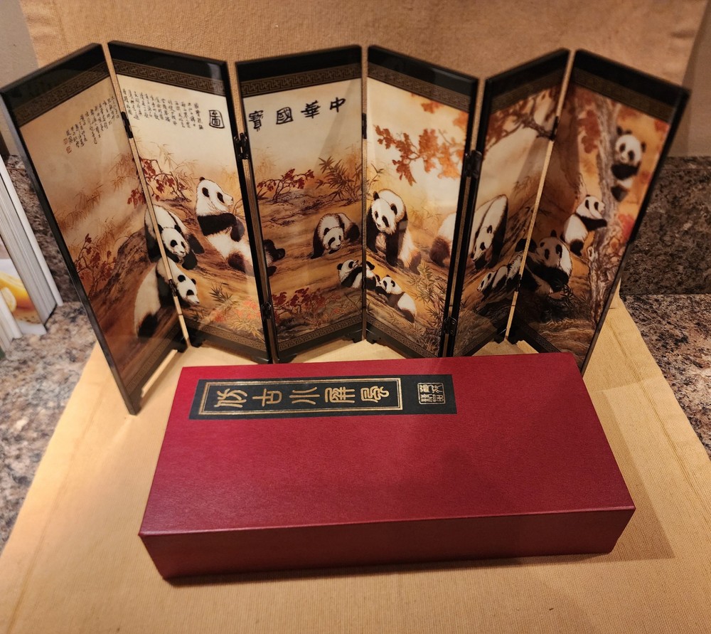 MINI Chinese Panda Folding 6 Panel Lacquer Screen Divider In Box Pls Read