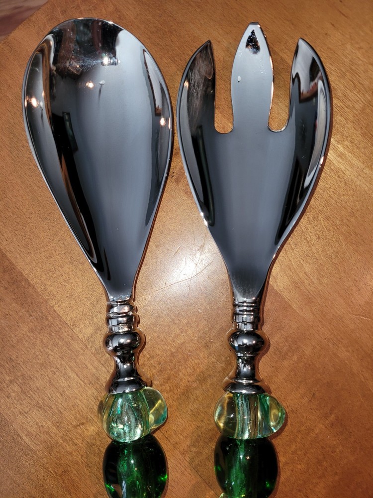 Silver Tone Salad Serving Spoon/Fork with Green Beaded Handles