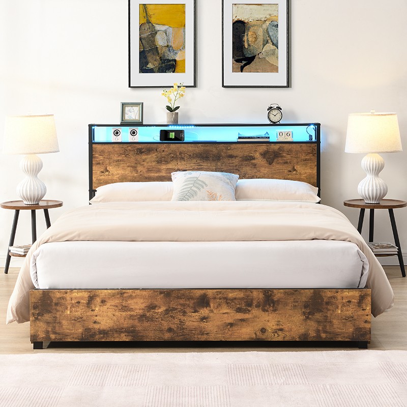 Full Size Bed Frame w/ Storage Headboard &Charging Station &LED Light
