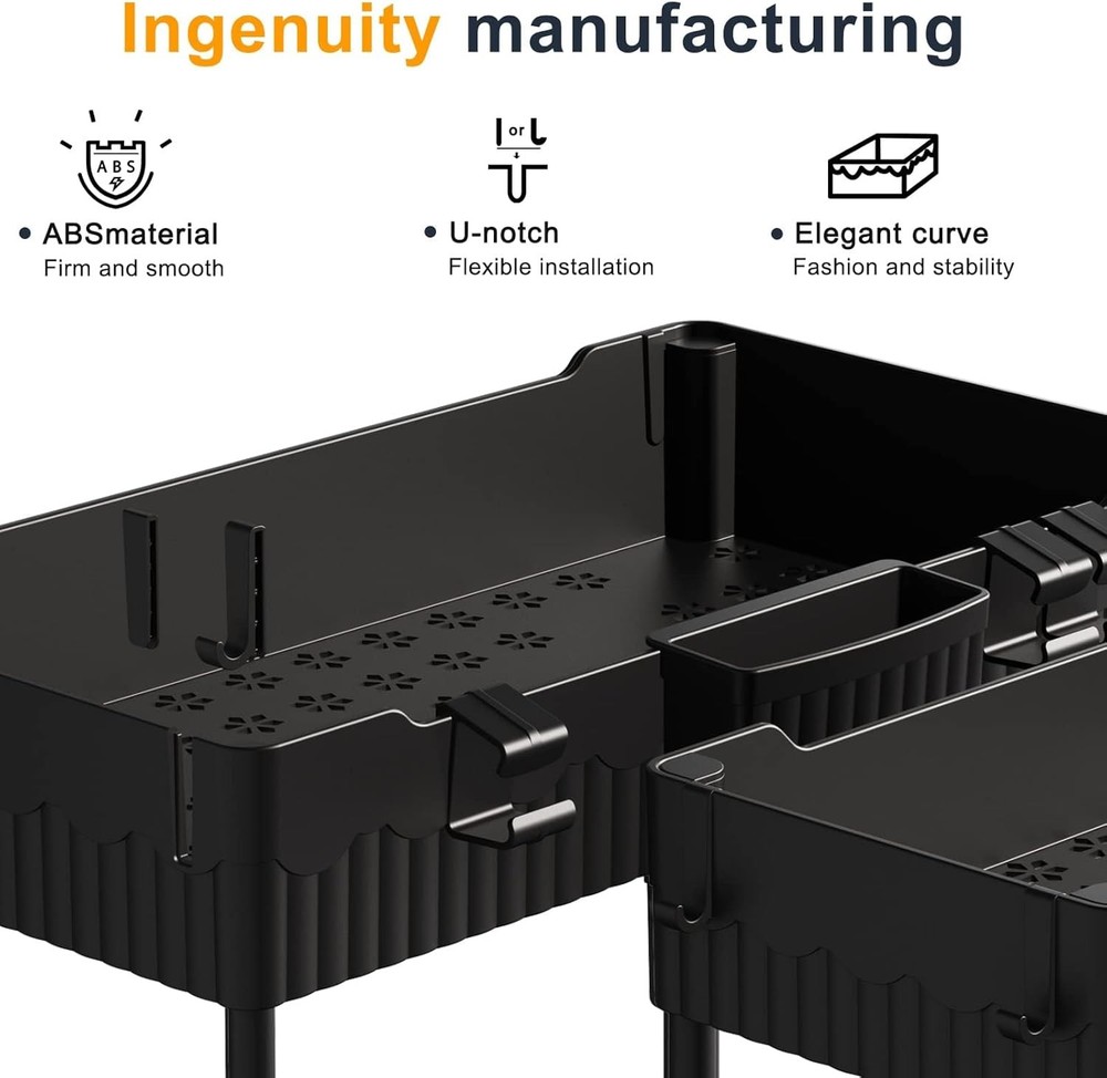 2 Pack Under Sink Organizer Storage Shelf w Hooks Black