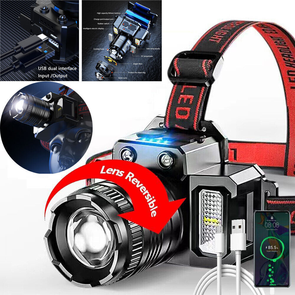 USB RechargeableLED Headlamp Zoomable 5-Modes Headlight Head TorchFlashlight