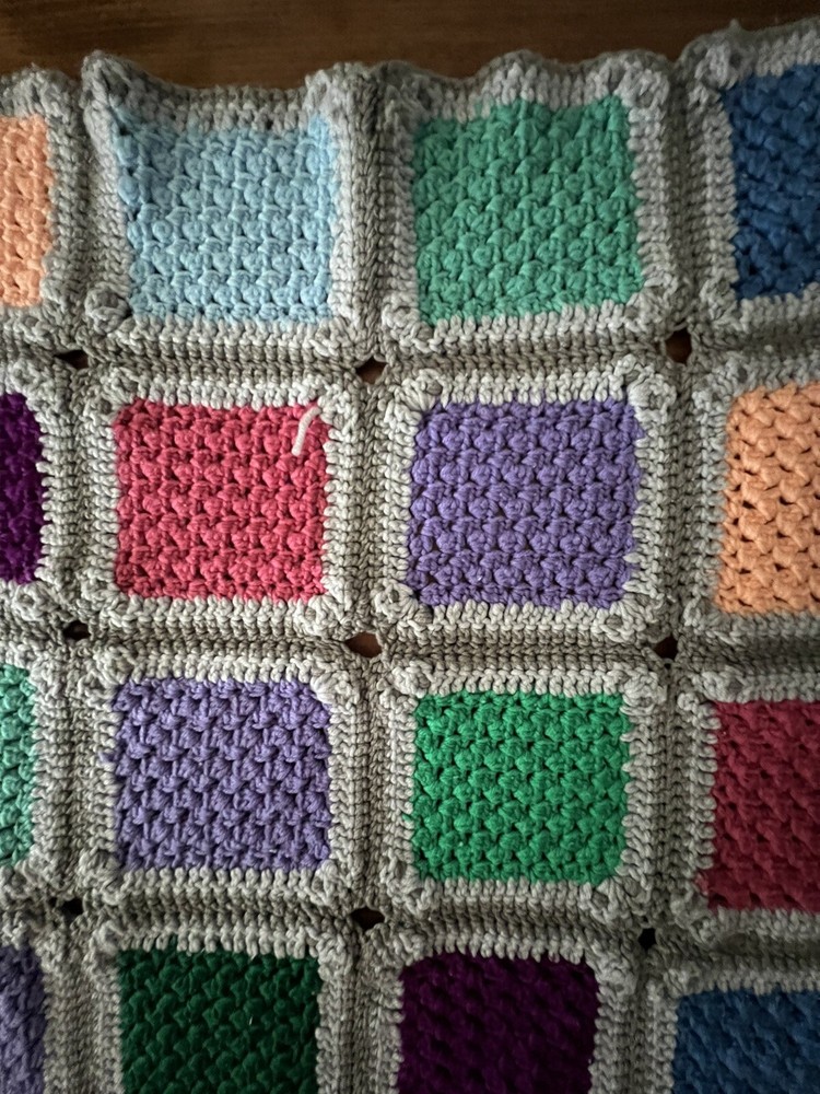 Large Handmade GRANNY SQUARES Color Block AFGHAN 52”x52” EUC