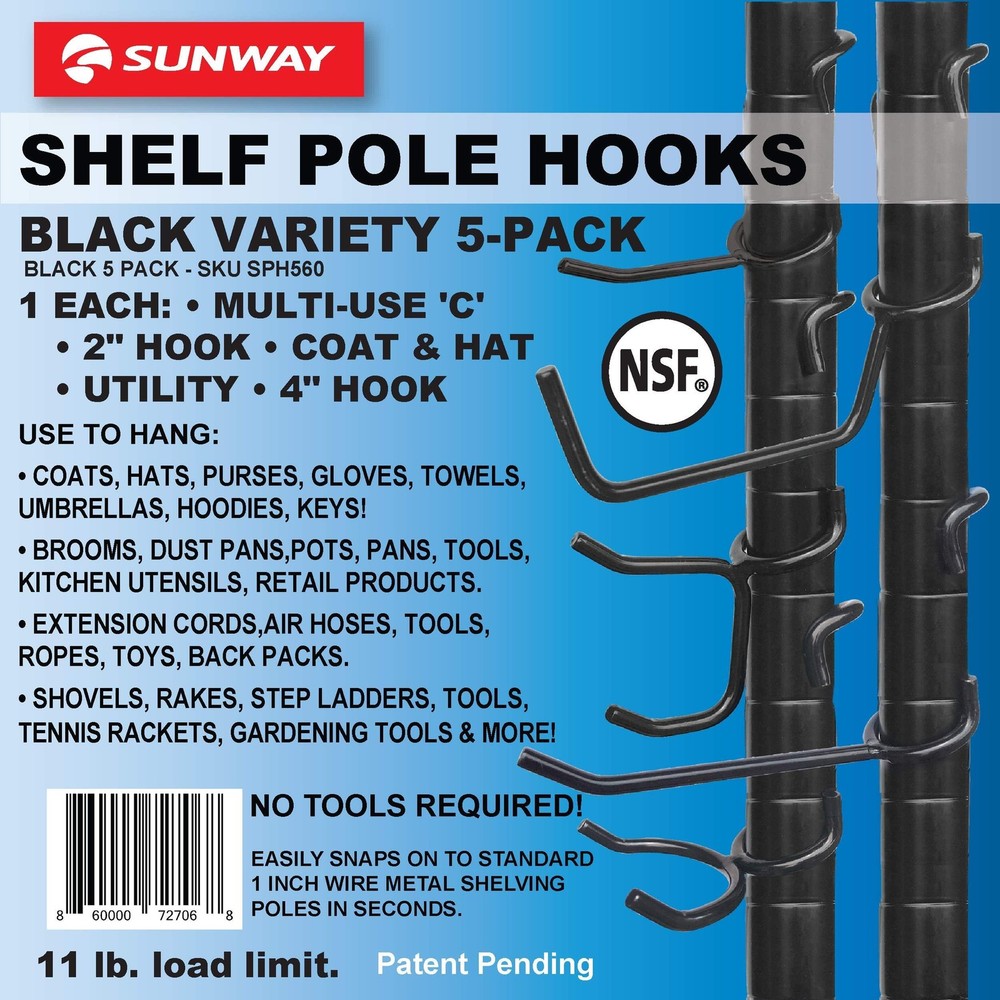 Shelf Pole Hooks 5-Pack Variety Set | Black 5-Pack: Pack,