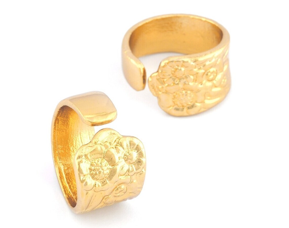 Spoon Ring Flower Patterned Adjustable Ring Shiny Gold Plated Brass 8US 2543