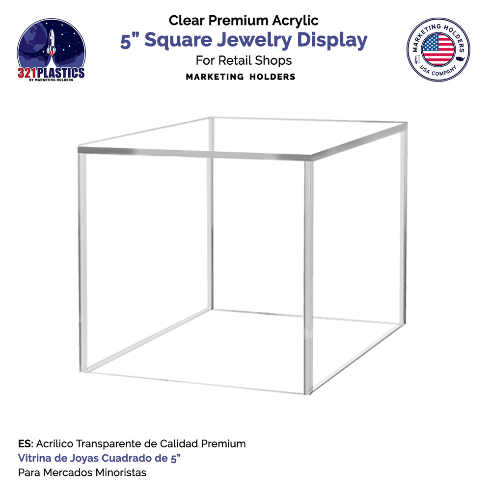 2 Pack 5" Acrylic Box Clear Riser 5 Sided Counter Square Pedestal Display Bin