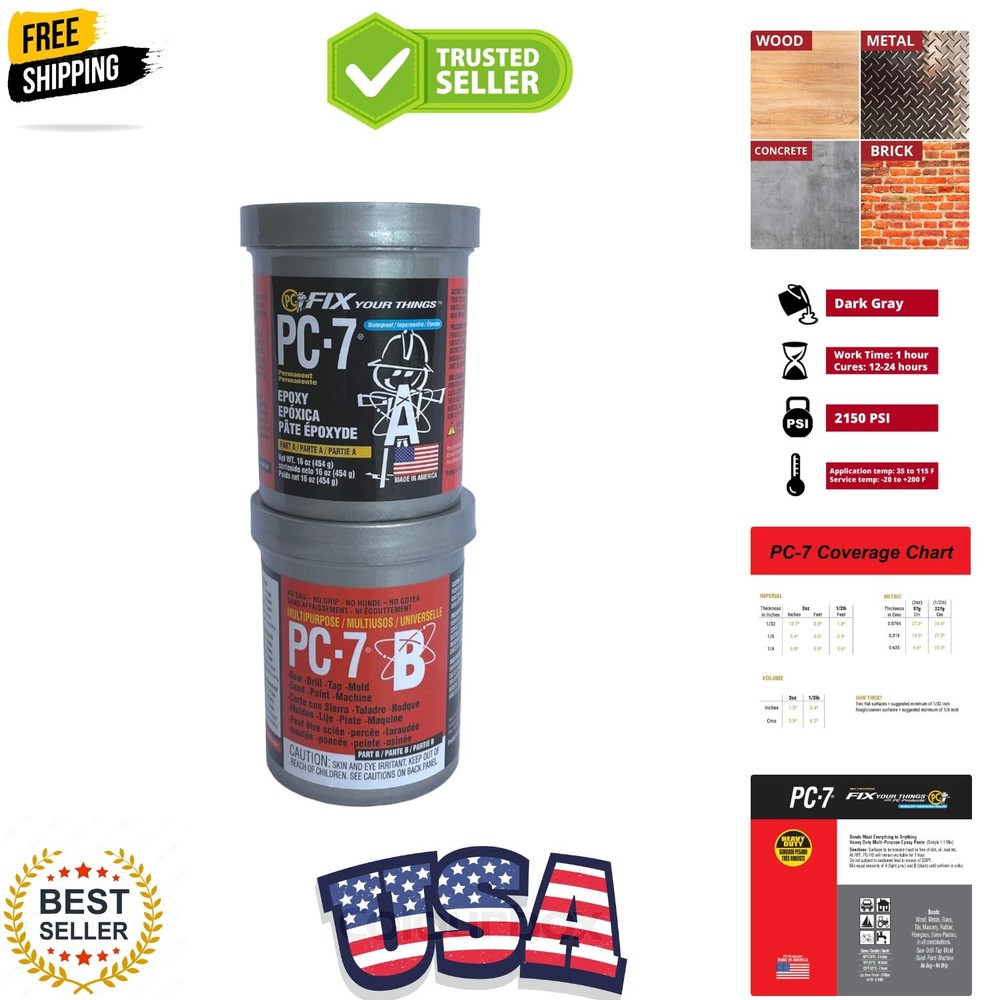 PC-7 Epoxy Adhesive Paste, Two-Part Heavy Duty, 1lb in Two Cans, Charcoal Gray