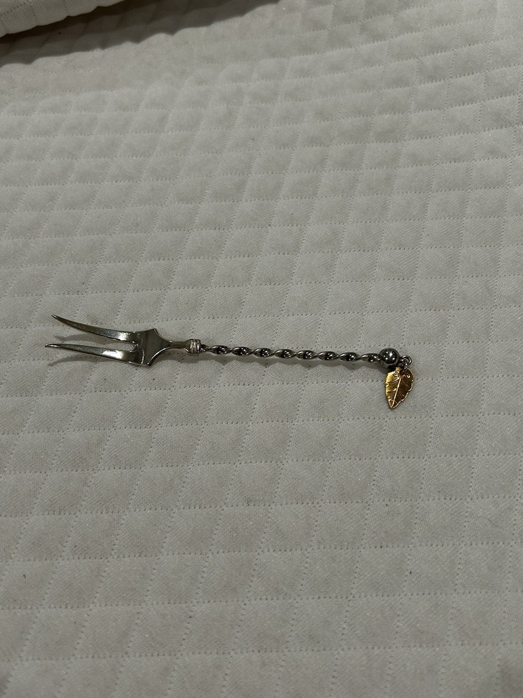 Sylvsmidja 830s Silver Pickle Lemon Fork Twist Handle Gold Leaf Ball End NORWAY