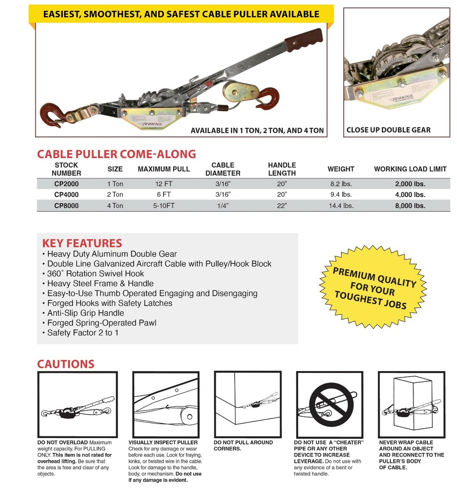 2000 lb Cable Puller Come Along 1 Ton - 360 Swivel Hook Forged Heavy Duty Latch