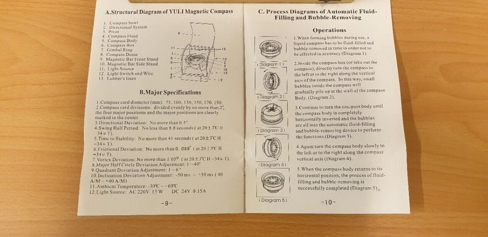 MAGNETIC COMPASS BRONZE ADJUSTABLE AUTOMATIC FLUID FILLING YULI W LIGHT 1994