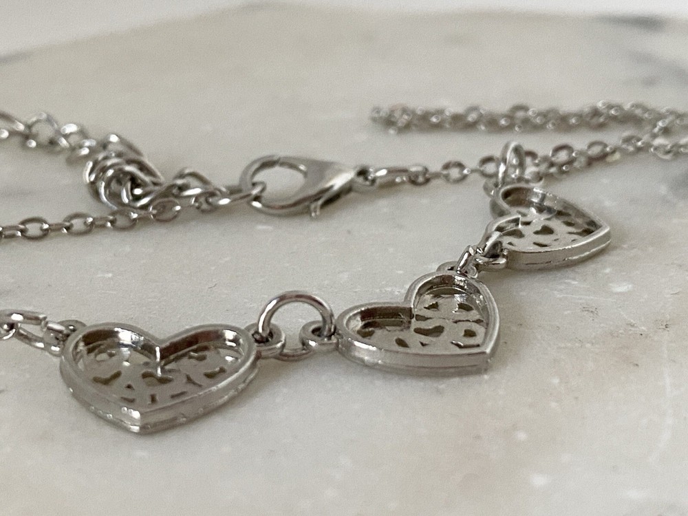 Vintage Silver tone Triple Hearts Necklace