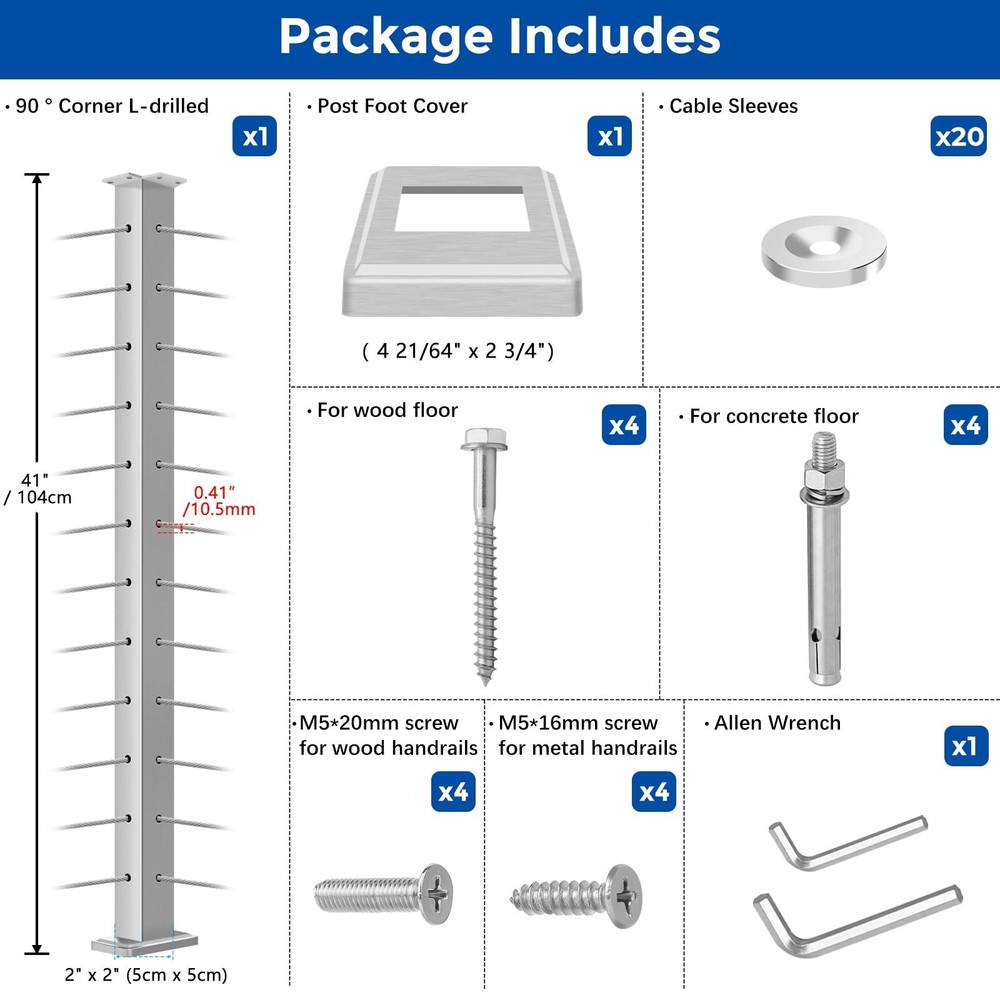 42" Brushed Corner Post for Deck Cable Railing Kit System, Stainless Steel T3...
