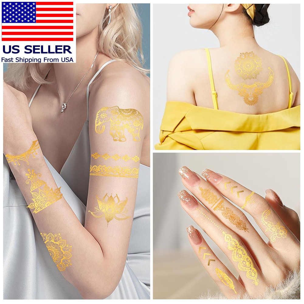 9 Sheets Metallic Tattoos, Elaborate Floral Elephant Patterns Metallic Temporary