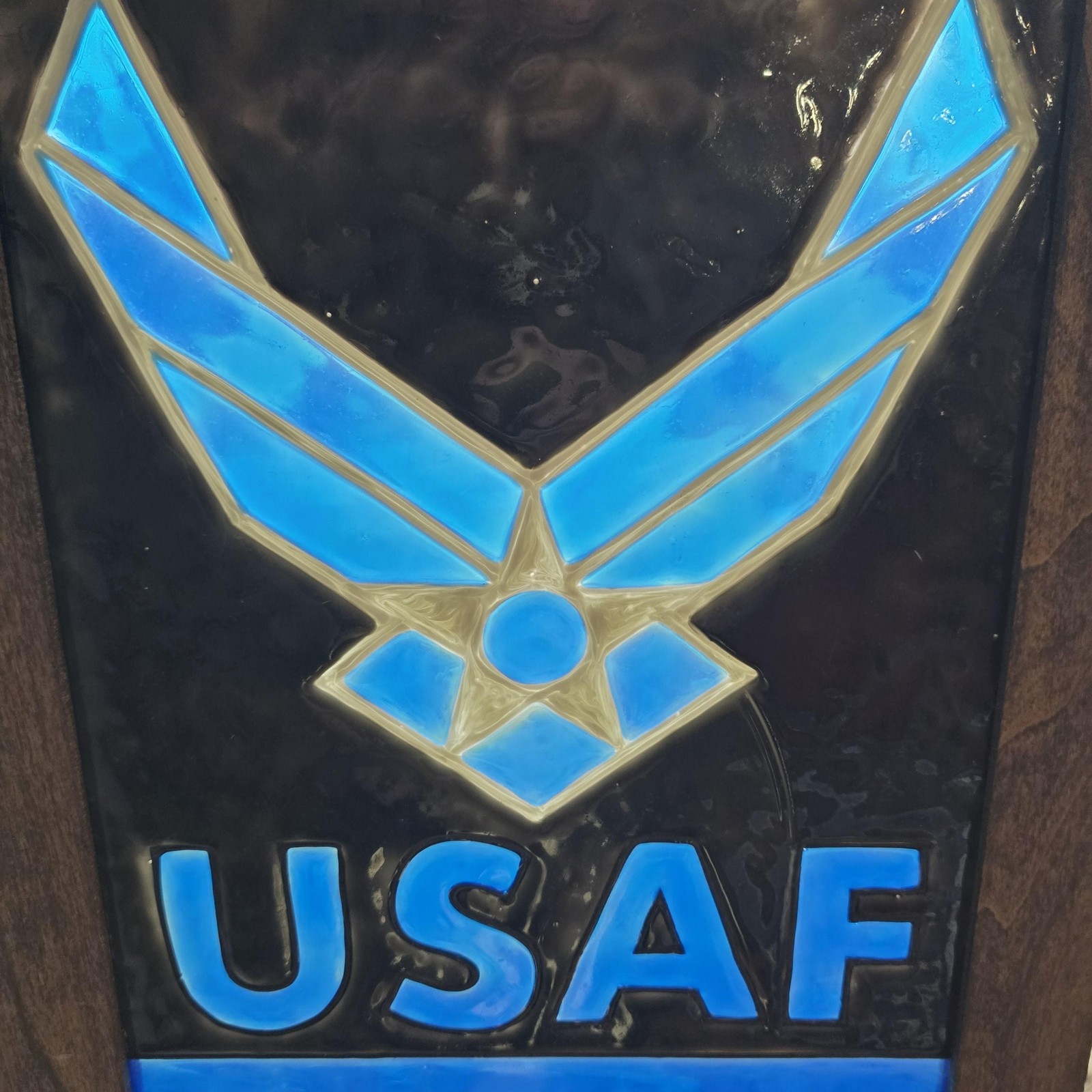 USAF Air Force Stained Glass Hanging Window Panel Wood Frame Blue Black Decor