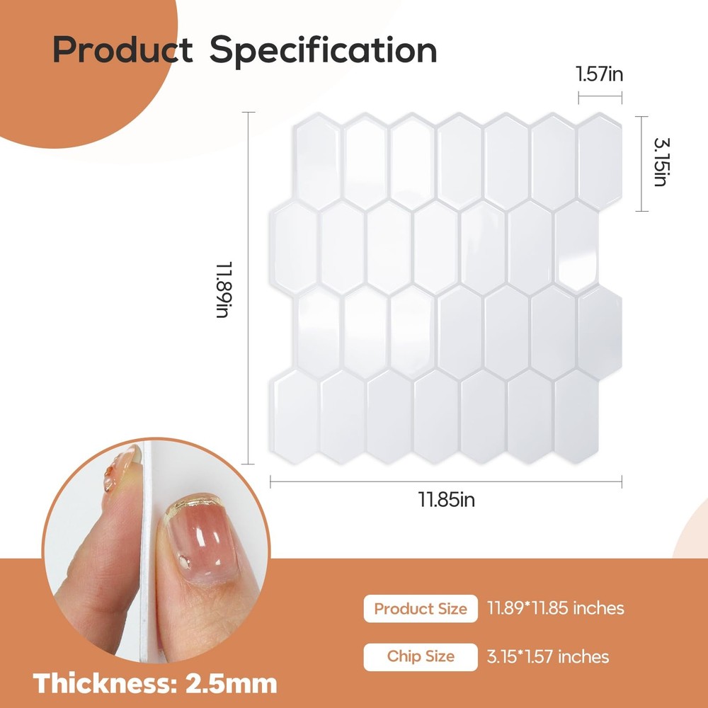 Upgraded Thicker Design Backsplash Tile Peel and Stick, 10-Sheet Grayish Whit...