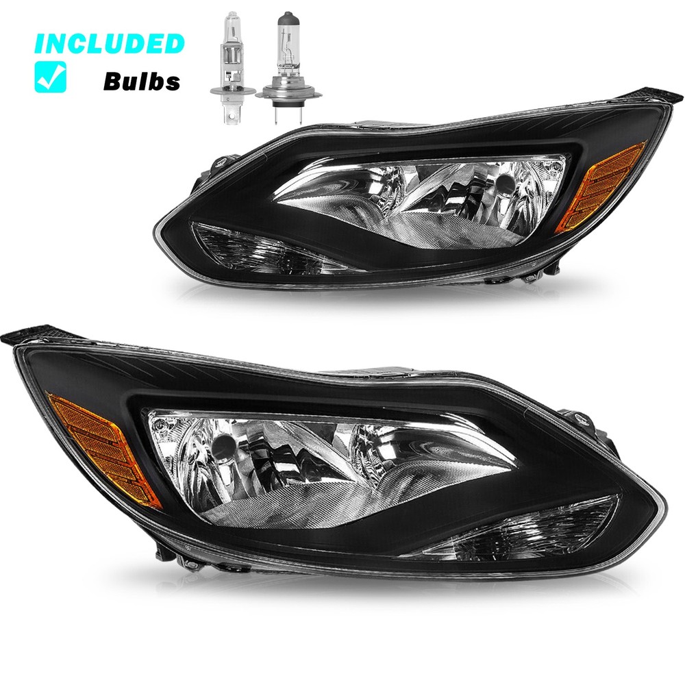 For 2012-2014 Ford Focus Halogen Black Amber Headlights Headlamps Left+Right Set