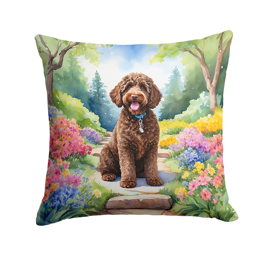 Labradoodle Chocolate Spring Garden Path Throw Pillow