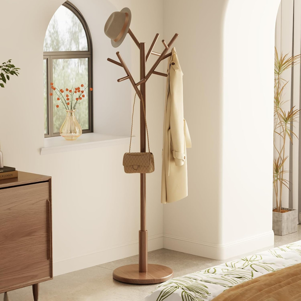 Coat Rack,Solid Wood Coat Rack Freestanding with 12 Hooks,Coat Tree Freestanding