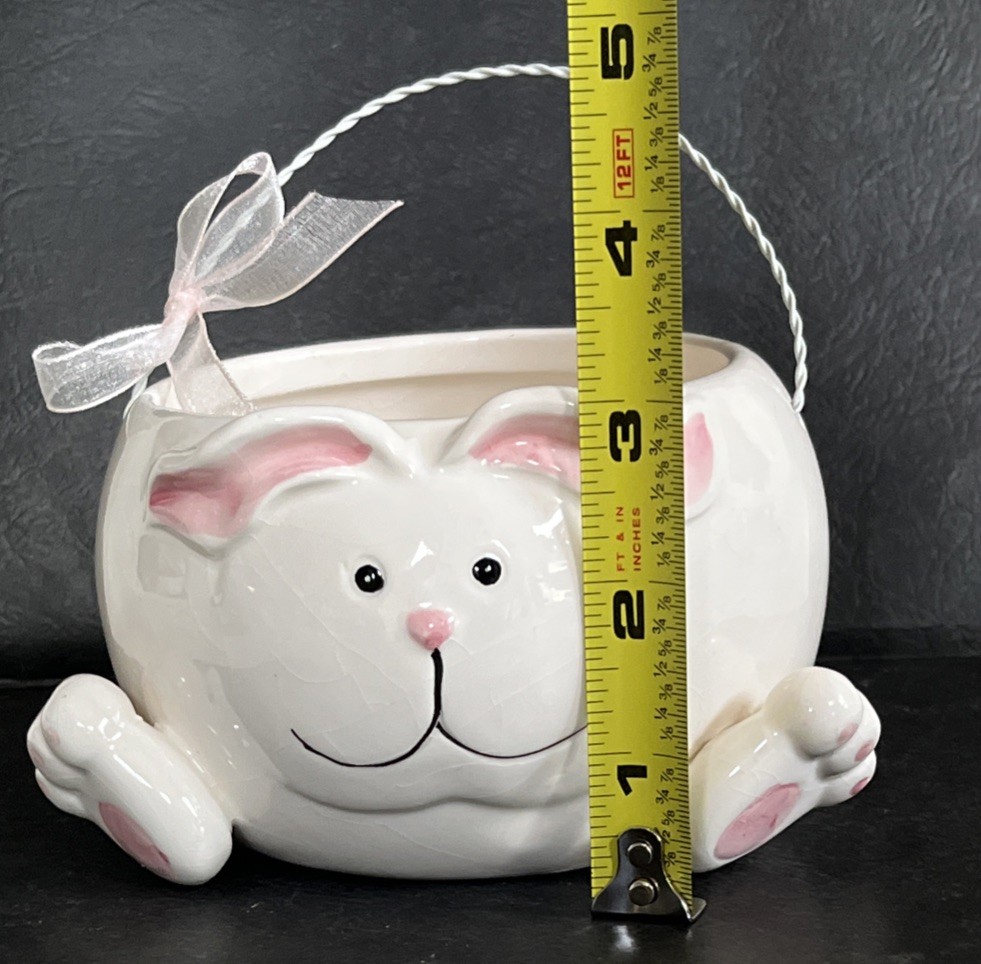 Bunny Rabbit Ceramic Round Candy Dish, Wire Handle, White W/ Pink & Black, Cute!