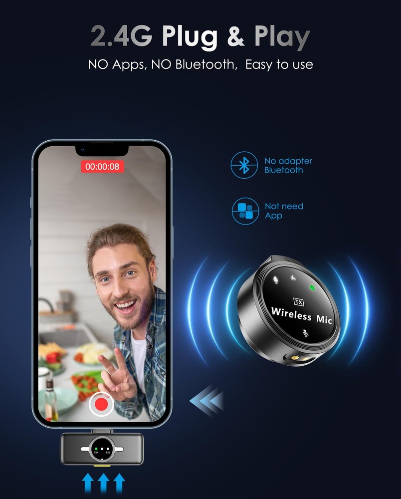 Wireless Lavalier Microphone for iPhone/Android, Lapel Mics with USB-Plug-Pla...