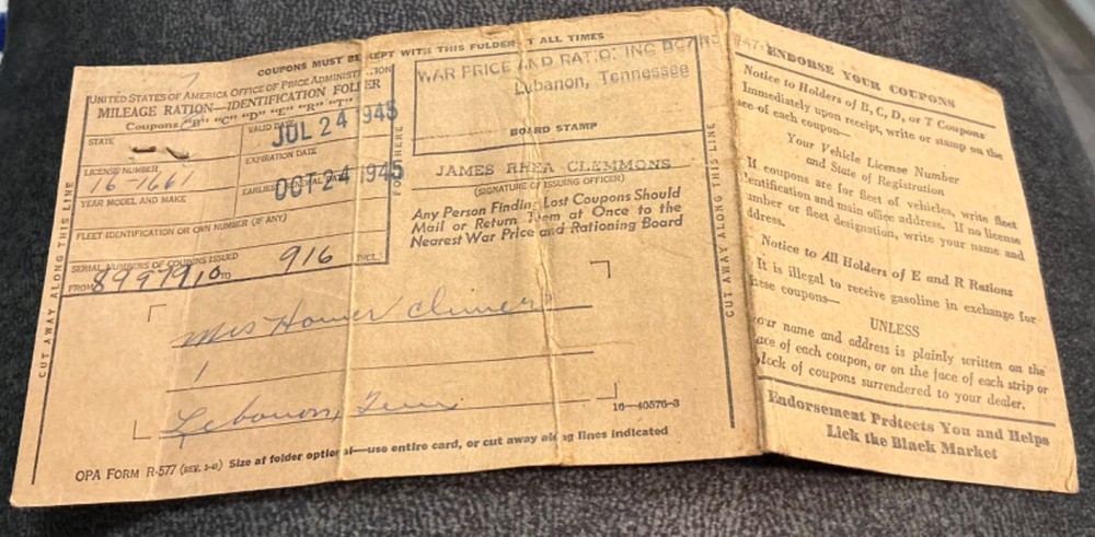 WWII Mileage Ration Folder with 4 Stamps