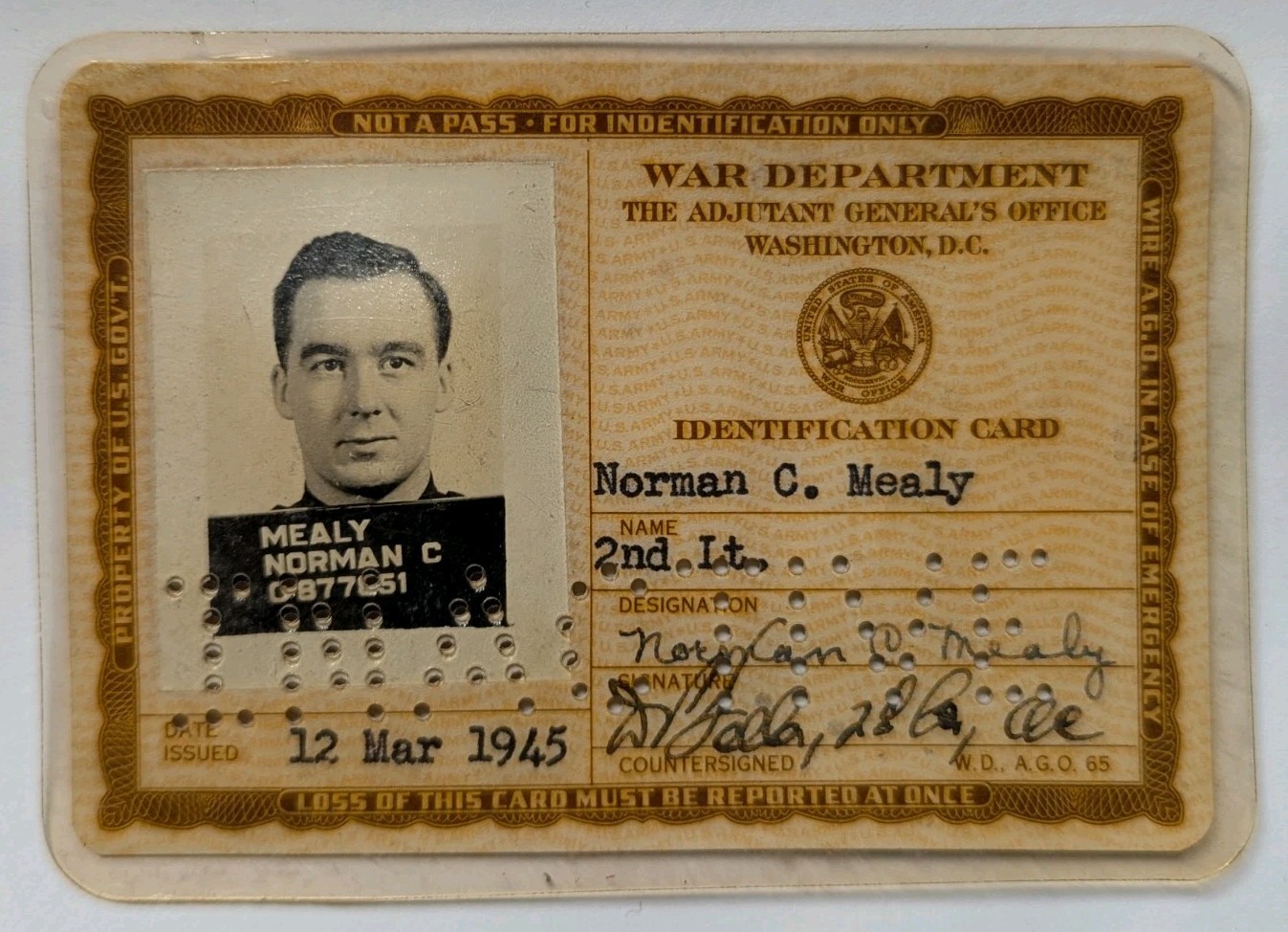 WW2 US Army / War Department Officer's ID Card Norman C. Mealy 2nd LT XB